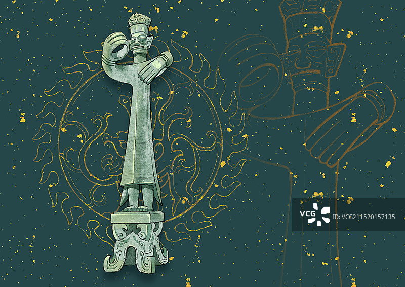 暗色背景巴蜀四川成都德阳广汉三星堆国宝文物插画，青铜大立人。图片素材