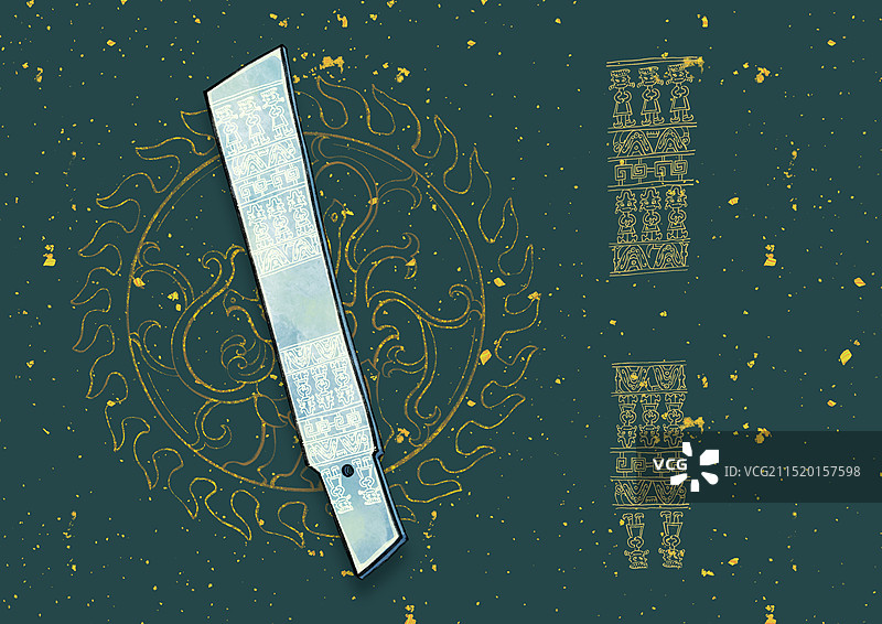暗色背景巴蜀四川成都德阳广汉三星堆国宝文物插画，玉璋。图片素材