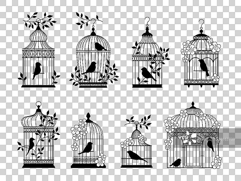复古笼子和装饰鸟（暗色）图片素材