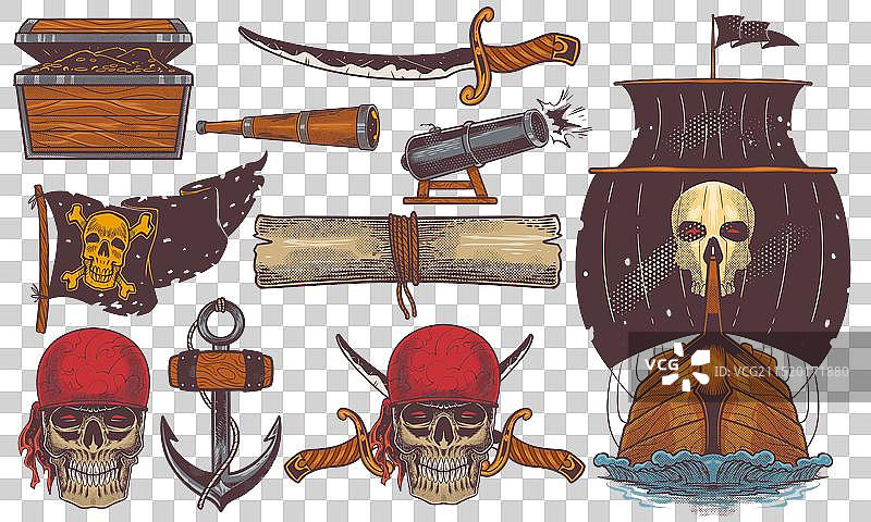 手绘复古海盗装备套装图片素材