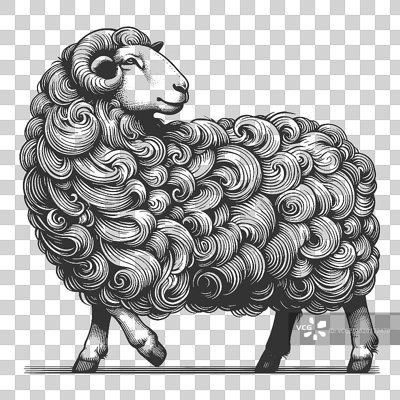 毛茸茸的绵羊雕刻素描图片素材