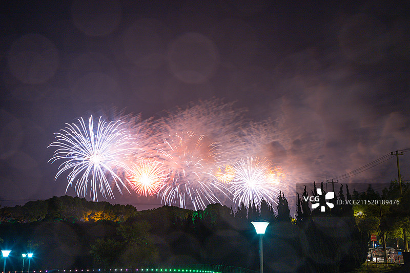 上海市金山城市沙滩-夜晚绽放的烟花图片素材