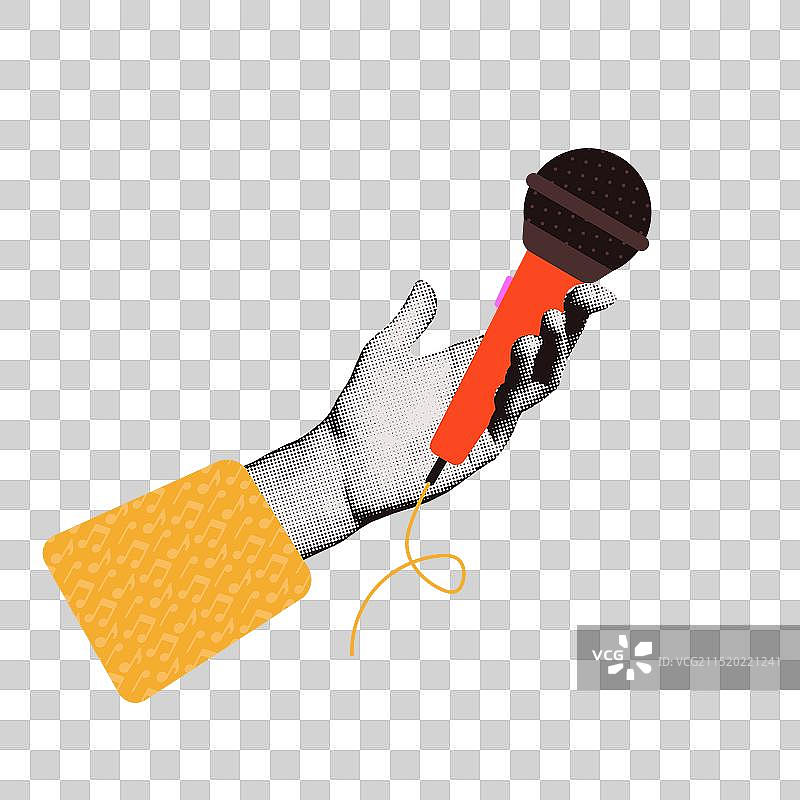 女人手持麦克风的拼贴半色调效果图片素材