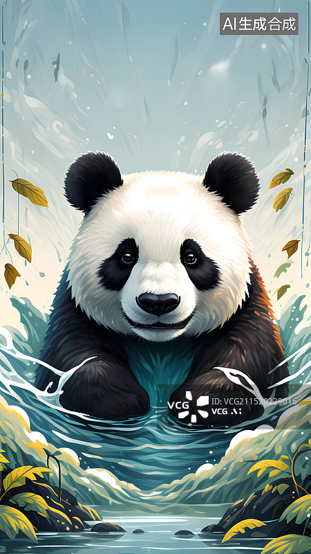 【AI数字艺术】熊猫主题插画 水里嬉戏的大熊猫图片素材