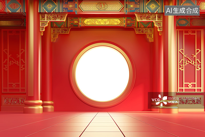 【AI数字艺术】三维渲染中式传统建筑内部装饰红色背景图片素材
