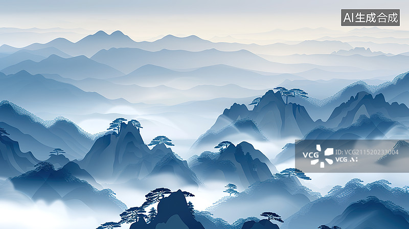【AI数字艺术】中国风水墨蓝色群山云海插画图片素材