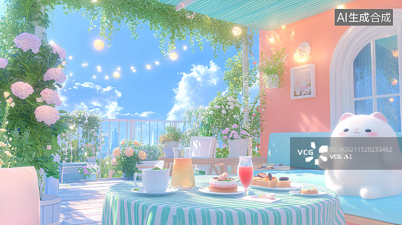 【AI数字艺术】清新海边阳台下午茶肌理插画图片素材
