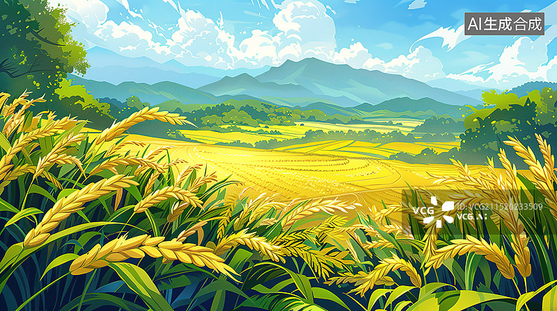 【AI数字艺术】夏天清新的麦田和小麦插画图片素材