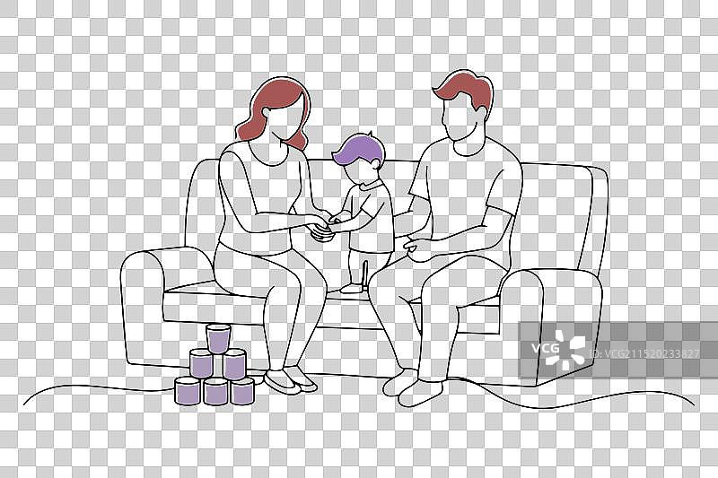 一家人坐在沙发上，孩子在玩耍图片素材