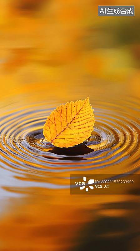 【AI数字艺术】漂浮在水面上一片秋天的树叶图片素材