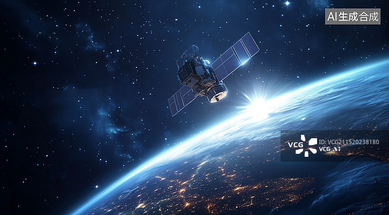 【AI数字艺术】航天智造蓝色航空科技卫星与地球背景图片素材