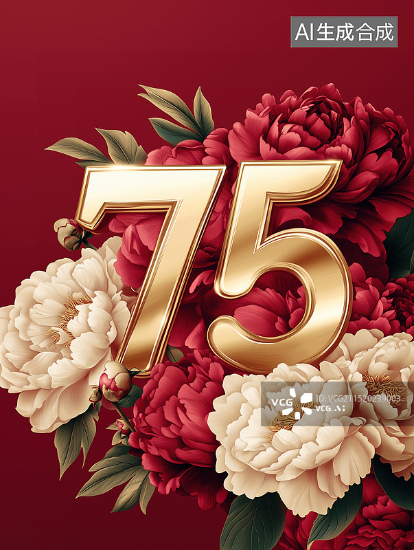 【AI数字艺术】75周年庆典生日日国庆节插画金色3D数字和牡丹花图片素材