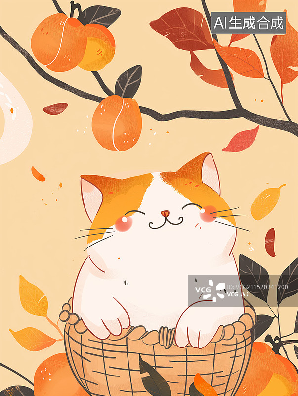 【AI数字艺术】秋季闲情逸致的小猫与树上的柿子风景，秋季橙子收获的季节宠物猫插画素材 竖版图片素材