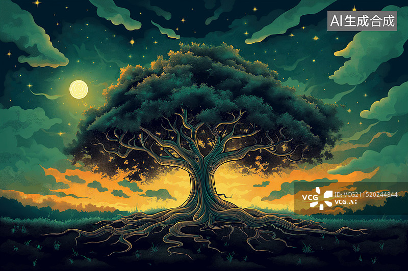 【AI数字艺术】月光下一棵高大的树木插画图片素材