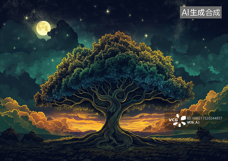 【AI数字艺术】月光下一棵高大的树木插画图片素材