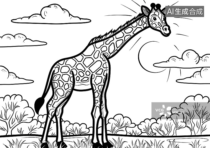 【AI数字艺术】黑白简笔画野生动物长颈鹿图片素材
