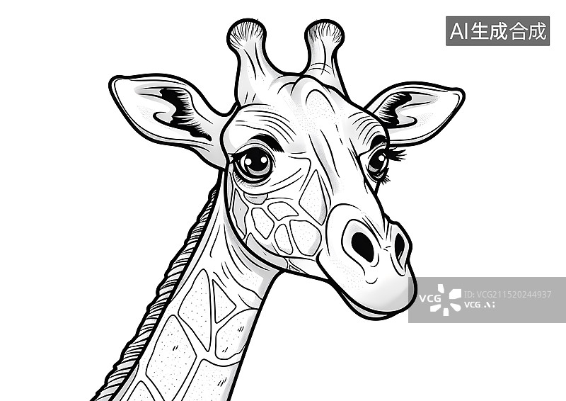 【AI数字艺术】黑白简笔画野生动物长颈鹿图片素材