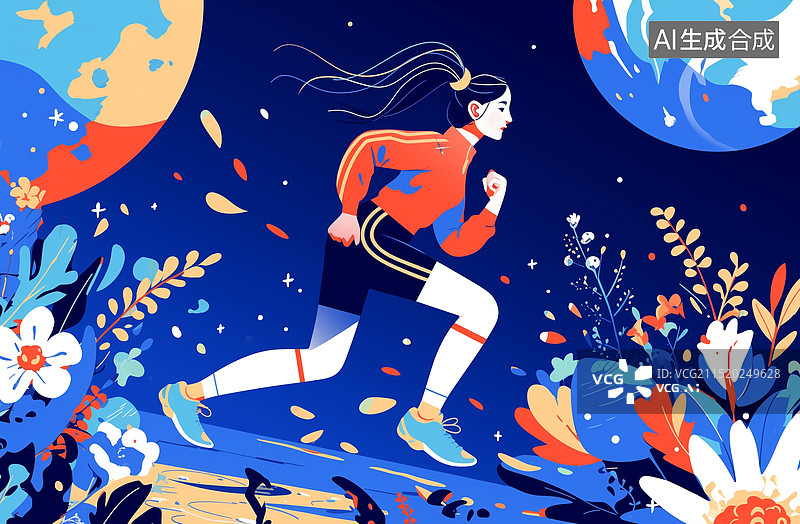 【AI数字艺术】女孩在植物群中奔跑的梦幻插画，科幻未来创意幻想插画，背景是自然宇宙星球，跑步健身运动减肥运动会 横版图片素材
