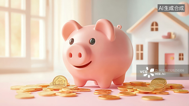 【AI数字艺术】金币、房子模型和金猪存钱罐，房贷概念图片素材