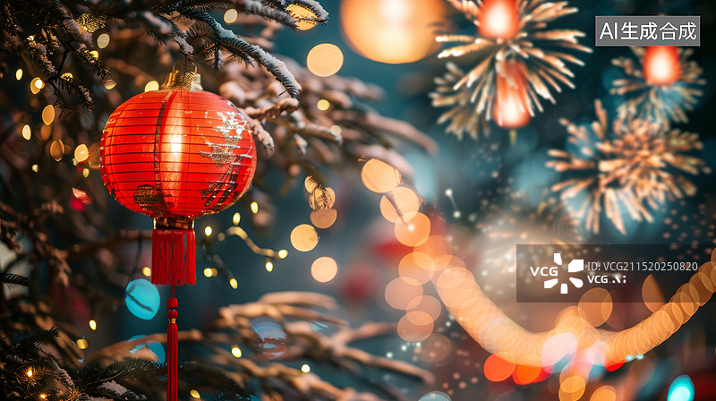 【AI数字艺术】光晕背景树上挂着红色灯笼图片素材