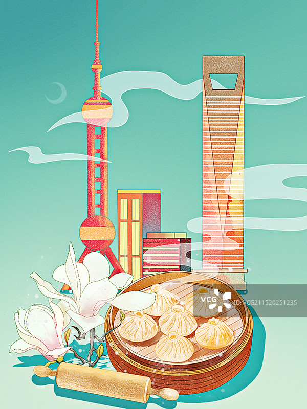上海地标建筑东方明珠玉兰花小笼包美食图片素材
