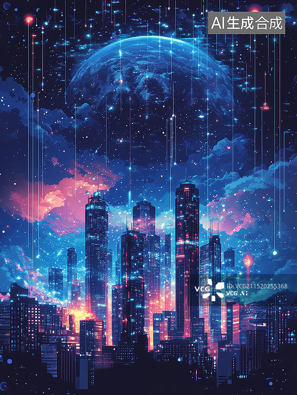 【AI数字艺术】航天智造科技智慧城市与蓝色星空背景图片素材