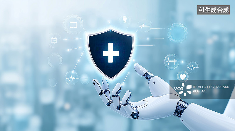 【AI数字艺术】人工智能机器手拿安全盾牌科技背景图片素材
