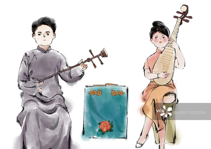 弹奏琵琶的男女图片素材