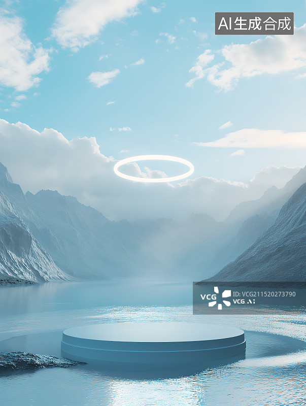 【AI数字艺术】白色的圆形展台在室外场景的中心，有水和天空，一面是山。一个巨大的环状物体漂浮在上面，极简主义风格图片素材