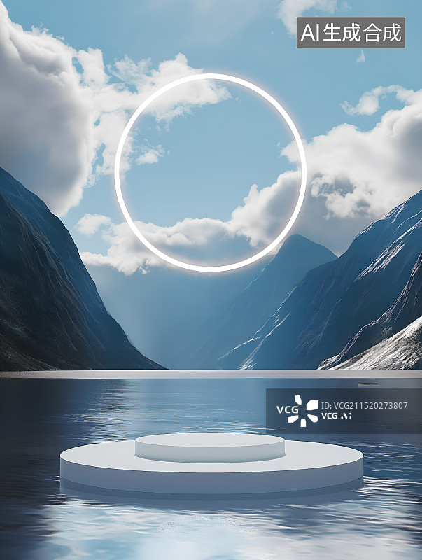 【AI数字艺术】白色的圆形展台在室外场景的中心，有水和天空，一面是山。一个巨大的环状物体漂浮在上面，极简主义风格图片素材