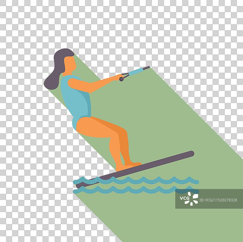 年轻女人在多风的天气里玩风筝冲浪图片素材