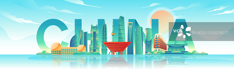 国风上海城市地标建筑彩色矢量插画图片素材