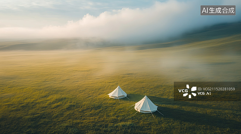 【AI数字艺术】山间帐篷与晨雾图片素材