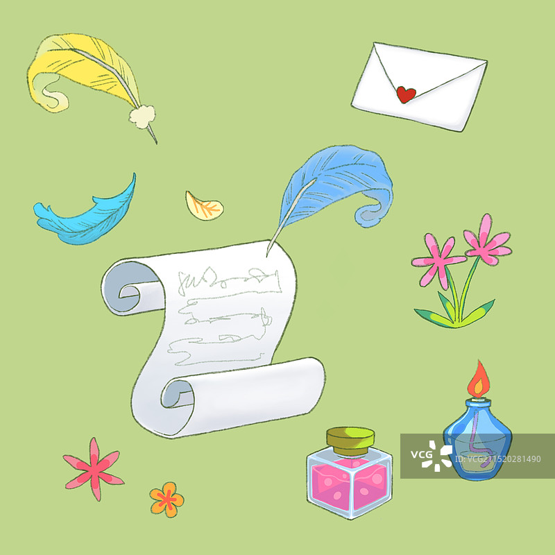信纸羽毛笔元素插画图片素材