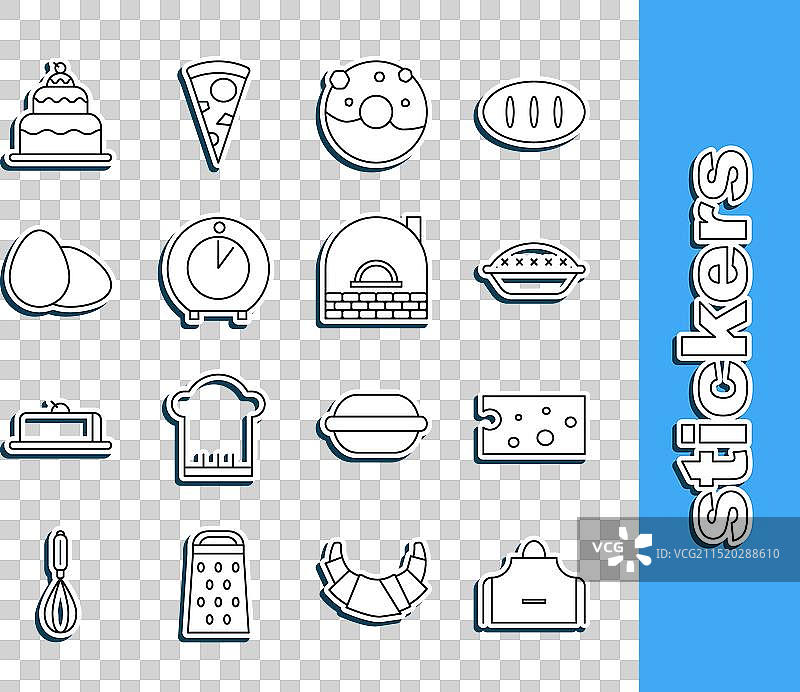 扁平风线条：厨房围裙、奶酪馅饼甜甜圈图标图片素材