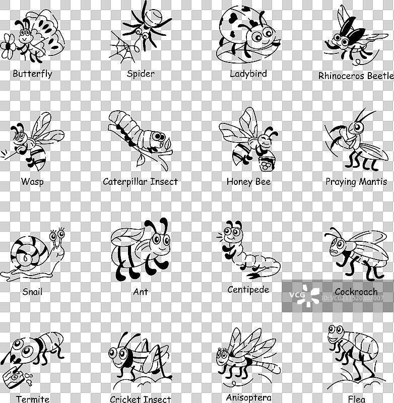16个可爱昆虫涂鸦图标组合图片素材