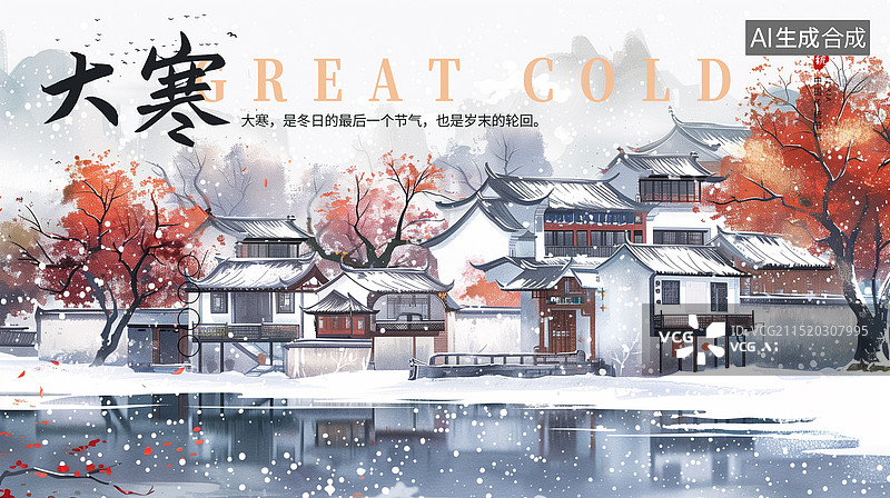 【AI数字艺术】中国风节气系列插画海报 烟雨江南 写意画水墨画安徽古建筑 微派建筑群 河边的一排房屋 古诗配图 横版图片素材
