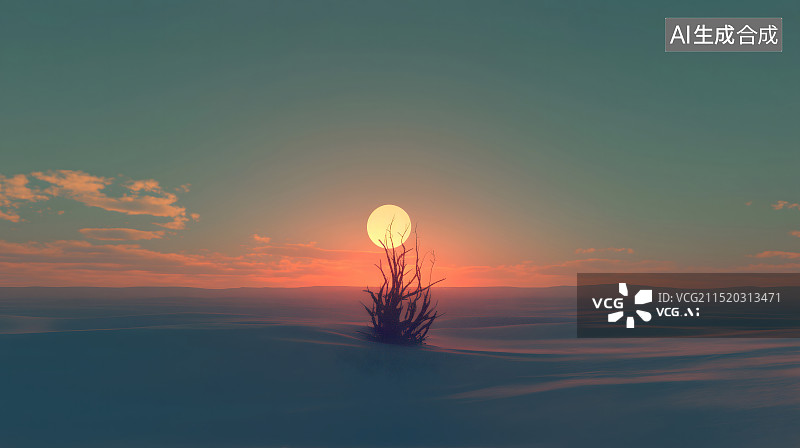 【AI数字艺术】黄昏落日背景下生长在沙漠中的梭梭树风景插画图片素材