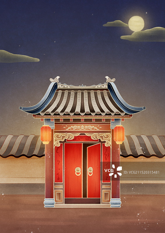 夜晚中式宅邸院子大门前图片素材