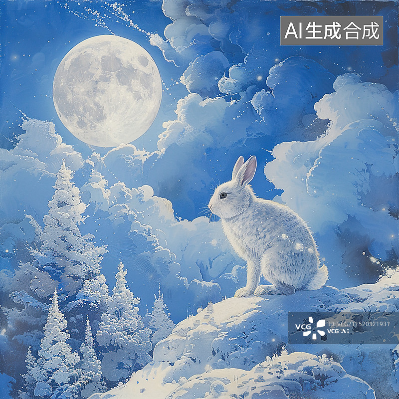 【AI数字艺术】冬夜雪景中的白兔图片素材