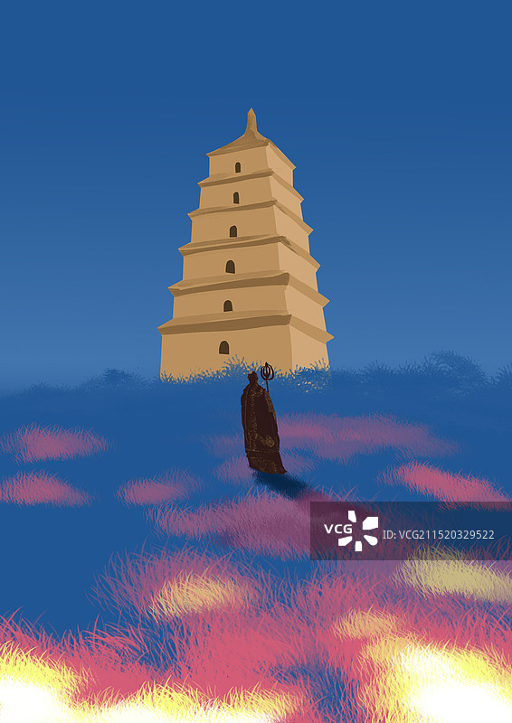 陕西长安西安名胜古迹古建筑历史传统中国风大雁塔唐僧意境唯美风景草地插画图片素材