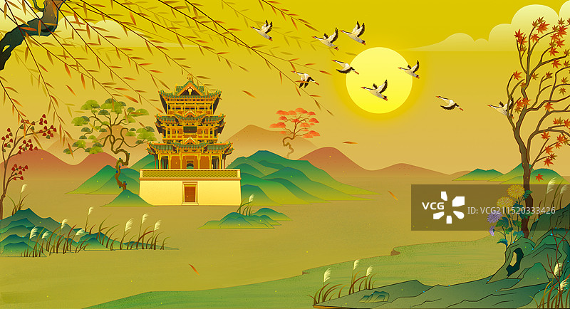 山西秋风楼秋天风景国风插画图片素材