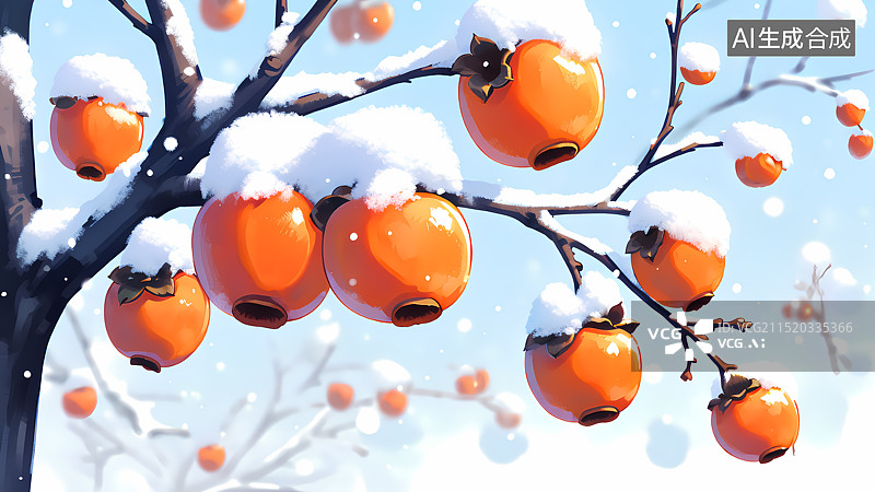 【AI数字艺术】冬天柿子果树插画图片素材