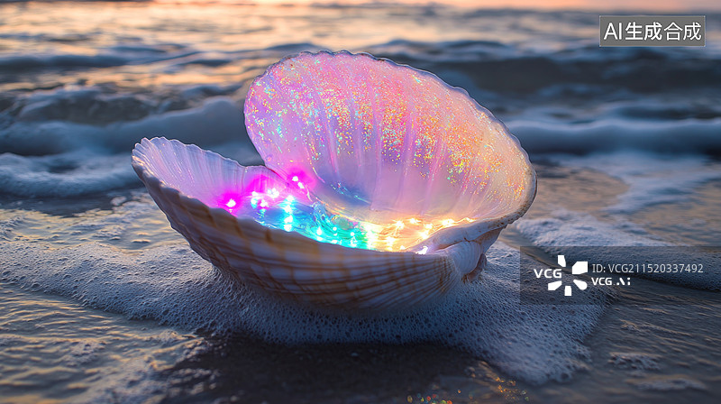 【AI数字艺术】多彩的海边发光的贝壳图片素材