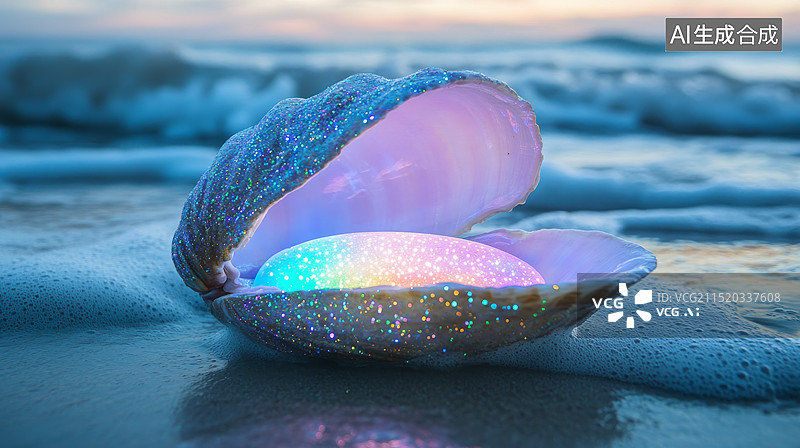 【AI数字艺术】多彩的海边发光的贝壳图片素材