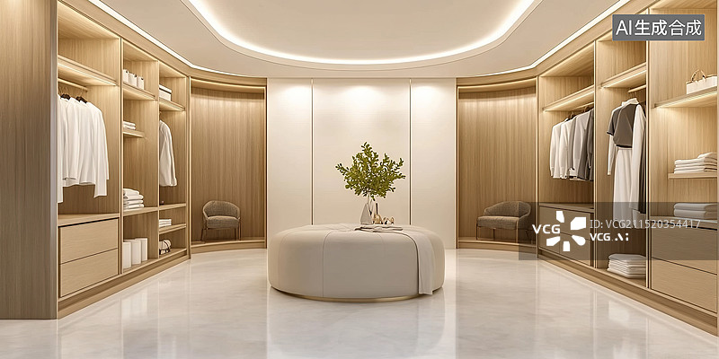【AI数字艺术】豪华3D衣帽间内饰：高端生活空间的优雅家具和精致装饰。适用于生活方式营销、购物节和季节性促销图片素材