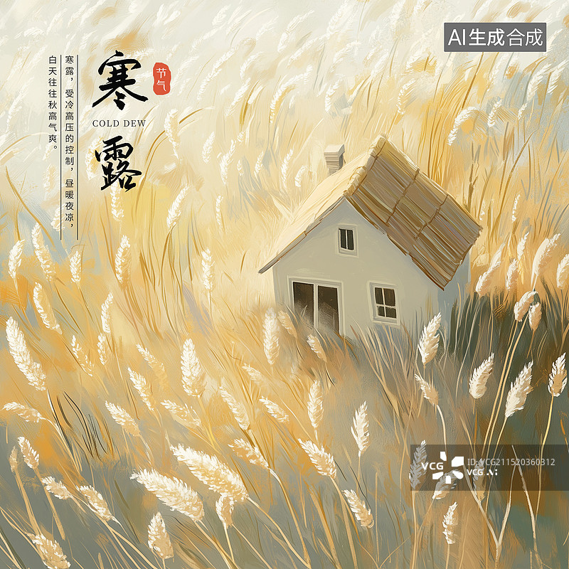【AI数字艺术】蒹葭苍苍，白露为霜。芦苇荡里的房屋，手绘插画海报模版 秋天风景，秋天秋季芦苇荡芦苇晨雾 竖版图片素材