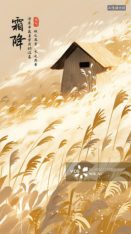 【AI数字艺术】蒹葭苍苍，白露为霜。芦苇荡里的房屋，手绘插画海报模版 秋天风景，秋天秋季芦苇荡芦苇晨雾 竖版图片素材