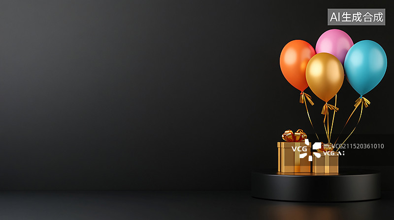【AI数字艺术】节日气球礼盒周年纪念日生日快乐3D渲染图片素材