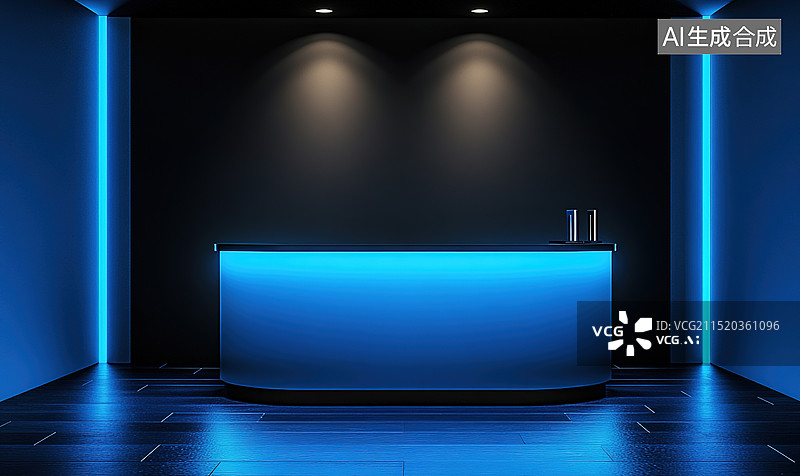 【AI数字艺术】未来感3D企业前台配备霓虹灯光：高科技展厅内的抽象商业展示。双十一购物节创新产品展示平台图片素材